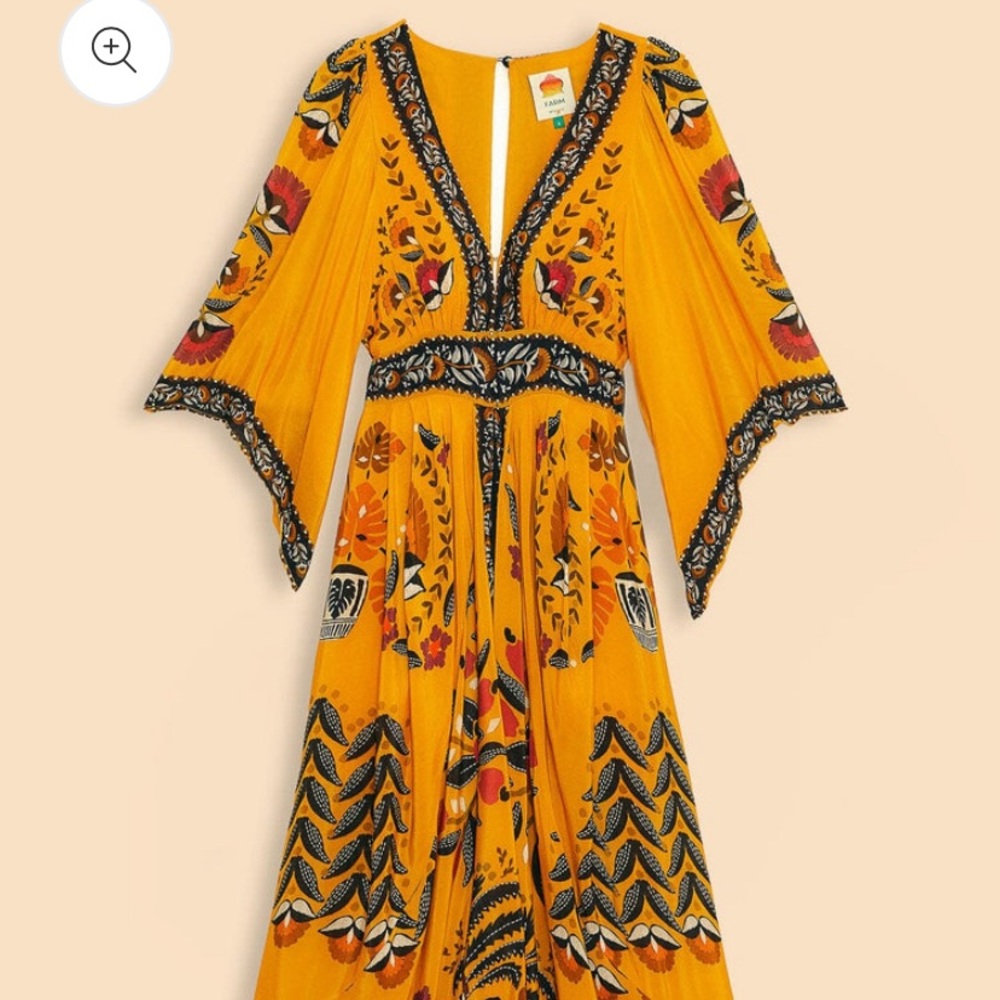 Farm Rio Yellow Tropical Tapestry Kaftan Dress